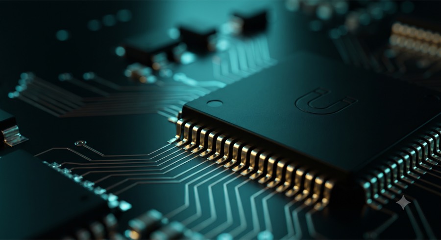 Macro view of circuit board with chip in greenish tones