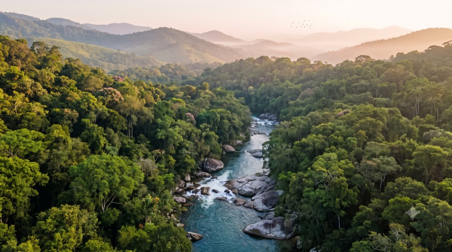 Preserved forest and clean river around mining area
